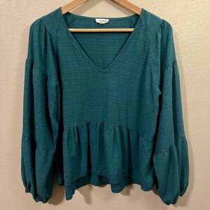 Eyeshadow Long Sleeve Peplum Blouse Top Teal Wide Sleeve Flowy Peasant Boho Sz L